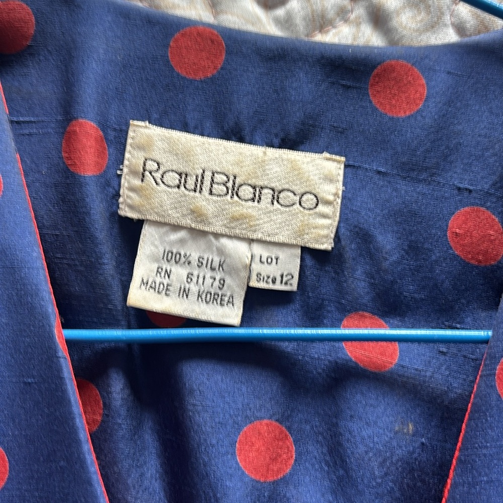 VINTAGE Raul Blanco 100% silk Blue and Red Polka Dot Dress. Size 12 - Picture 2 of 4